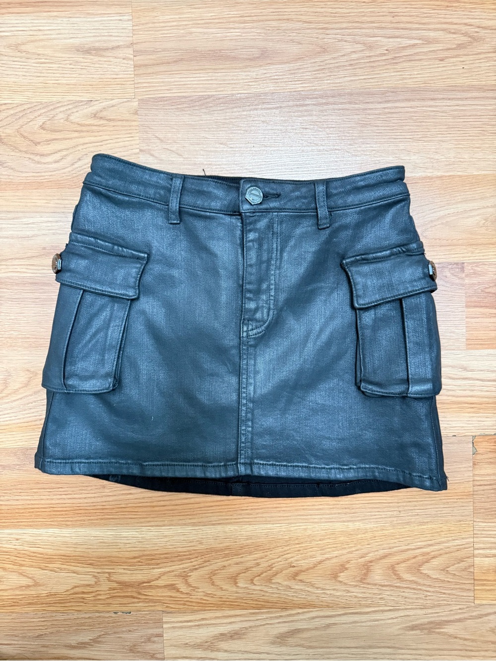 Rebecca Minkoff Jodie Coated Denim Cargo Mini Skirt Black Size 24 NWOT